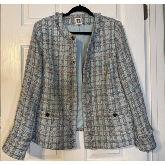 Ann Klein Tweed Double Breasted Blazer Jacket 14 Preppy Blue Pink Multi Metallic - Picture 9 of 16